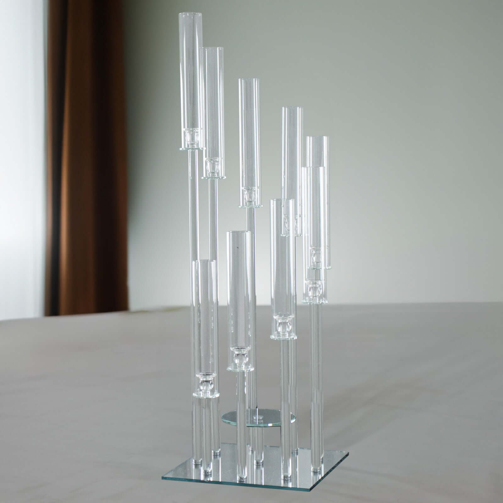 9-Arm Crystal Glass Cluster Candelabra Pedestal Stand 4ft - Square Hurricane Taper Candle Holder Table Centerpiece
